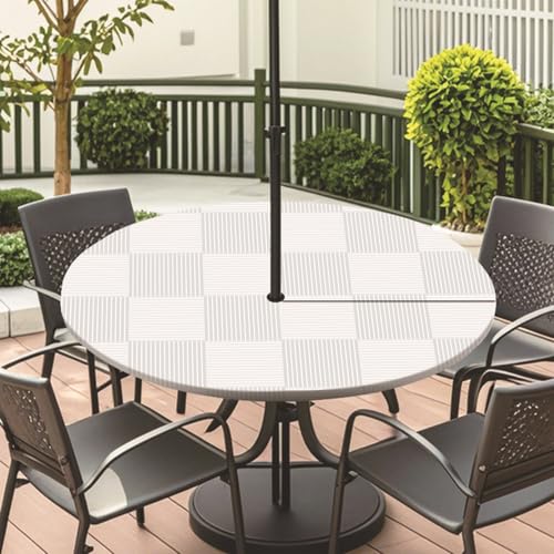 ENEN Elastische Tischdecke mit Schirmloch und Reißverschluss, Karomuster Wasserdicht Taillierte Tischdecke, Outdoor Runde Gartentischdecke für Sonnenschirm (Hellgrau 1,L:45''-54'') von ENEN