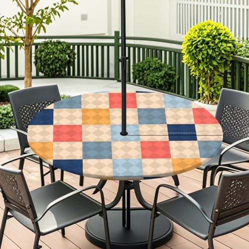 ENEN Elastische Tischdecke mit Schirmloch und Reißverschluss, Karomuster Wasserdicht Taillierte Tischdecke, Outdoor Runde Gartentischdecke für Sonnenschirm (Khaki Blau 1,M:36''-44'') von ENEN