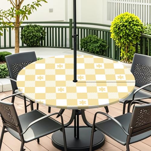 ENEN Elastische Tischdecke mit Schirmloch und Reißverschluss, Karomuster Wasserdicht Taillierte Tischdecke, Outdoor Runde Gartentischdecke für Sonnenschirm (Khaki Blume,M:36''-44'') von ENEN