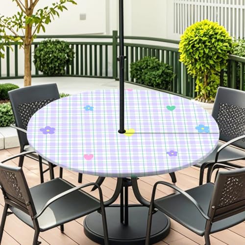 ENEN Elastische Tischdecke mit Schirmloch und Reißverschluss, Karomuster Wasserdicht Taillierte Tischdecke, Outdoor Runde Gartentischdecke für Sonnenschirm (Lila Karomuster,L:45''-54'') von ENEN