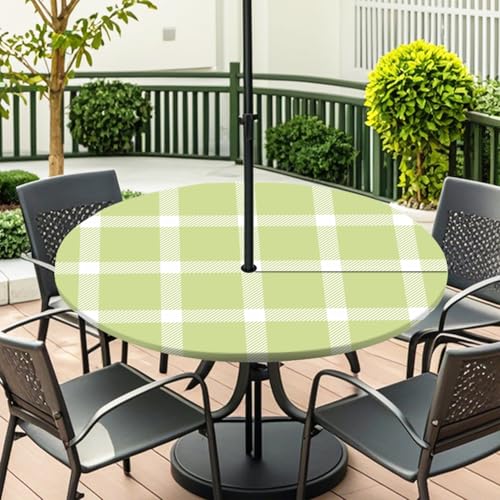 ENEN Elastische Tischdecke mit Schirmloch und Reißverschluss, Karomuster Wasserdicht Taillierte Tischdecke, Outdoor Runde Gartentischdecke für Sonnenschirm (Olivgrün,L:45''-54'') von ENEN