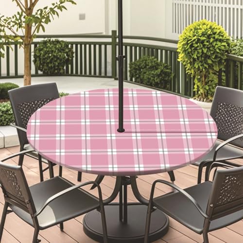 ENEN Elastische Tischdecke mit Schirmloch und Reißverschluss, Karomuster Wasserdicht Taillierte Tischdecke, Outdoor Runde Gartentischdecke für Sonnenschirm (Rosa,L:45''-54'') von ENEN