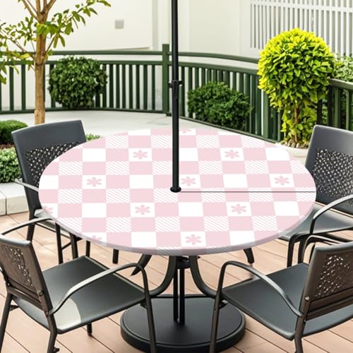 ENEN Elastische Tischdecke mit Schirmloch und Reißverschluss, Karomuster Wasserdicht Taillierte Tischdecke, Outdoor Runde Gartentischdecke für Sonnenschirm (Rosa 1,M:36''-44'') von ENEN
