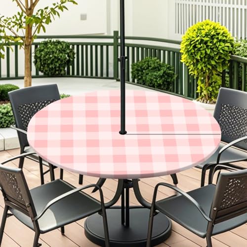 ENEN Elastische Tischdecke mit Schirmloch und Reißverschluss, Karomuster Wasserdicht Taillierte Tischdecke, Outdoor Runde Gartentischdecke für Sonnenschirm (Rosa 2,L:45''-54'') von ENEN