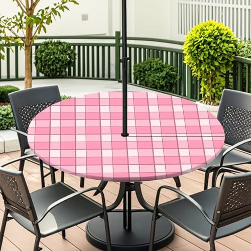 ENEN Elastische Tischdecke mit Schirmloch und Reißverschluss, Karomuster Wasserdicht Taillierte Tischdecke, Outdoor Runde Gartentischdecke für Sonnenschirm (Rosa 3,S:31''-35'') von ENEN