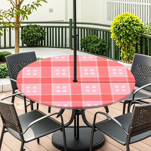 ENEN Elastische Tischdecke mit Schirmloch und Reißverschluss, Karomuster Wasserdicht Taillierte Tischdecke, Outdoor Runde Gartentischdecke für Sonnenschirm (Rot Karomuster,S:31''-35'') von ENEN
