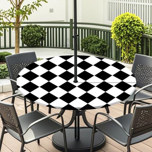 ENEN Elastische Tischdecke mit Schirmloch und Reißverschluss, Karomuster Wasserdicht Taillierte Tischdecke, Outdoor Runde Gartentischdecke für Sonnenschirm (Schwarz Weiß-L,M:36''-44'') von ENEN