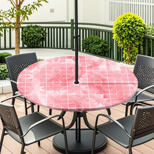 ENEN Elastische Tischdecke mit Schirmloch und Reißverschluss, Karomuster Wasserdicht Taillierte Tischdecke, Outdoor Runde Gartentischdecke für Sonnenschirm (Tie-Dye Pink,L:45''-54'') von ENEN