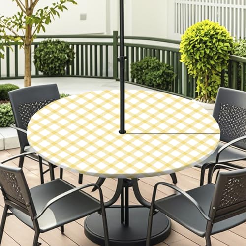ENEN Elastische Tischdecke mit Schirmloch und Reißverschluss, Karomuster Wasserdicht Taillierte Tischdecke, Outdoor Runde Gartentischdecke für Sonnenschirm (Weiß Gelb,M:36''-44'') von ENEN