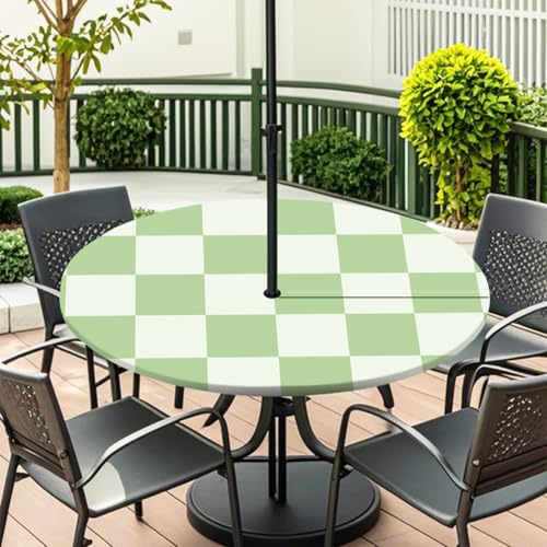 ENEN Elastische Tischdecke mit Schirmloch und Reißverschluss, Karomuster Wasserdicht Taillierte Tischdecke, Outdoor Runde Gartentischdecke für Sonnenschirm (Weiß Grün-L,M:36''-44'') von ENEN