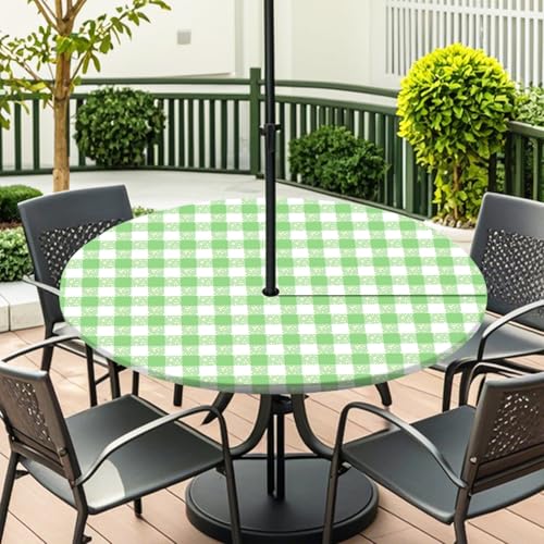 ENEN Elastische Tischdecke mit Schirmloch und Reißverschluss, Karomuster Wasserdicht Taillierte Tischdecke, Outdoor Runde Gartentischdecke für Sonnenschirm (Weiß Grün-S,L:45''-54'') von ENEN