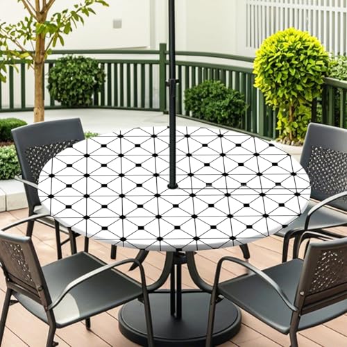 ENEN Elastische Tischdecke mit Schirmloch und Reißverschluss, Karomuster Wasserdicht Taillierte Tischdecke, Outdoor Runde Gartentischdecke für Sonnenschirm (Weiß Karomuster 2,M:36''-44'') von ENEN