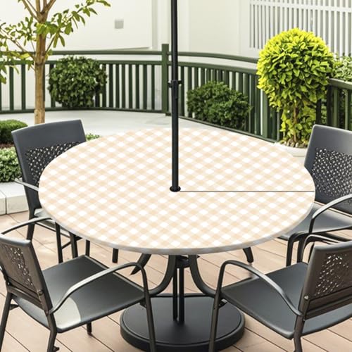 ENEN Elastische Tischdecke mit Schirmloch und Reißverschluss, Karomuster Wasserdicht Taillierte Tischdecke, Outdoor Runde Gartentischdecke für Sonnenschirm (Weiß Khaki,L:45''-54'') von ENEN