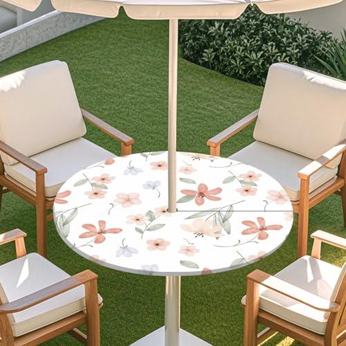 ENEN Elastische Tischdecke mit Schirmloch und Reißverschluss, Kleine Blumen Wasserdicht Taillierte Tischdecke, Outdoor Runde Gartentischdecke für Sonnenschirm (Blumenblatt 11,L:45''-54'') von ENEN