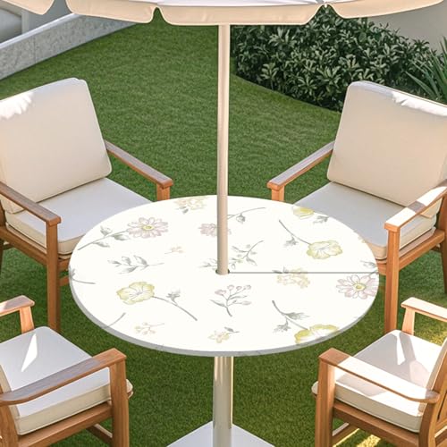 ENEN Elastische Tischdecke mit Schirmloch und Reißverschluss, Kleine Blumen Wasserdicht Taillierte Tischdecke, Outdoor Runde Gartentischdecke für Sonnenschirm (Blumenblatt 2,L:45''-54'') von ENEN