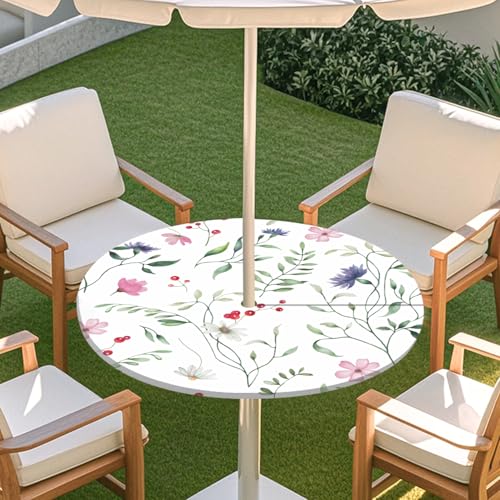 ENEN Elastische Tischdecke mit Schirmloch und Reißverschluss, Kleine Blumen Wasserdicht Taillierte Tischdecke, Outdoor Runde Gartentischdecke für Sonnenschirm (Blumenblatt 3,L:45''-54'') von ENEN