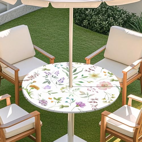 ENEN Elastische Tischdecke mit Schirmloch und Reißverschluss, Kleine Blumen Wasserdicht Taillierte Tischdecke, Outdoor Runde Gartentischdecke für Sonnenschirm (Blumenblatt 4,L:45''-54'') von ENEN