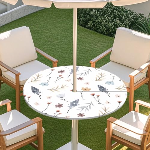 ENEN Elastische Tischdecke mit Schirmloch und Reißverschluss, Kleine Blumen Wasserdicht Taillierte Tischdecke, Outdoor Runde Gartentischdecke für Sonnenschirm (Blumenblatt 7,S:31''-35'') von ENEN