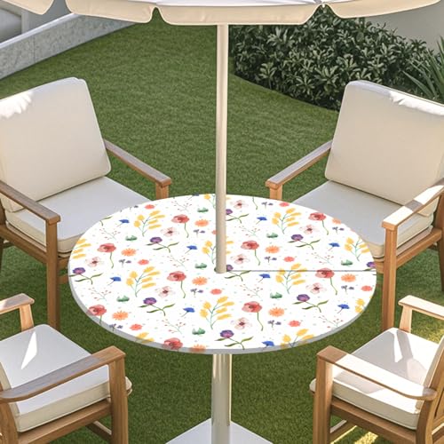 ENEN Elastische Tischdecke mit Schirmloch und Reißverschluss, Kleine Blumen Wasserdicht Taillierte Tischdecke, Outdoor Runde Gartentischdecke für Sonnenschirm (Blumenblatt 8,L:45''-54'') von ENEN