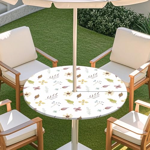 ENEN Elastische Tischdecke mit Schirmloch und Reißverschluss, Kleine Blumen Wasserdicht Taillierte Tischdecke, Outdoor Runde Gartentischdecke für Sonnenschirm (Blumenblatt 9,L:45''-54'') von ENEN