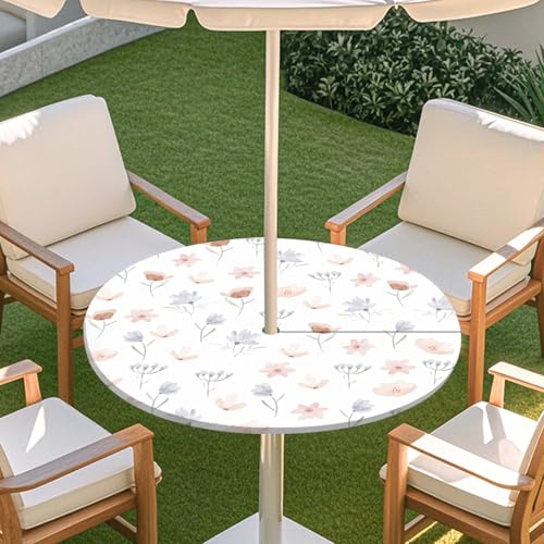 ENEN Elastische Tischdecke mit Schirmloch und Reißverschluss, Kleine Blumen Wasserdicht Taillierte Tischdecke, Outdoor Runde Gartentischdecke für Sonnenschirm (Weiß 18,S:31''-35'') von ENEN