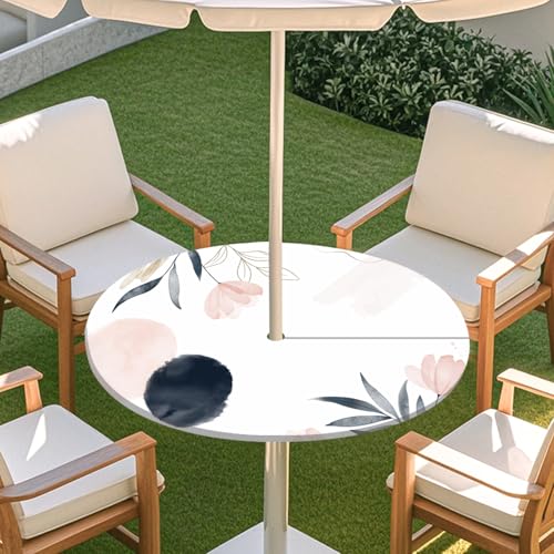 ENEN Elastische Tischdecke mit Schirmloch und Reißverschluss, Kleine Blumen Wasserdicht Taillierte Tischdecke, Outdoor Runde Gartentischdecke für Sonnenschirm (Weiß 4,M:36''-44'') von ENEN