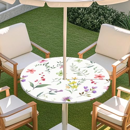 ENEN Elastische Tischdecke mit Schirmloch und Reißverschluss, Kleine Blumen Wasserdicht Taillierte Tischdecke, Outdoor Runde Gartentischdecke für Sonnenschirm (Weiß 8,L:45''-54'') von ENEN