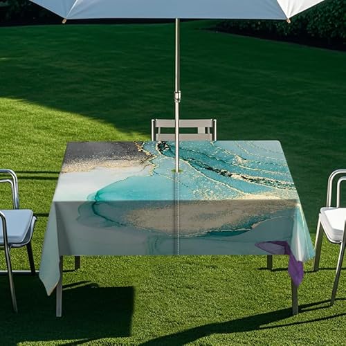 ENEN Gartentischdecke für Sonnenschirm Rechteckig Tischdecken Outdoor Tischdecke mit Schirmloch und Reißverschluss Elastisch Tischdecke - 3D Druck (Cyan,213x152cm) von ENEN