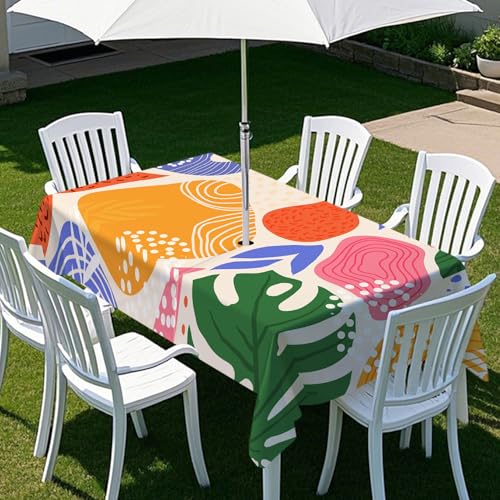 ENEN Gartentischdecke für Sonnenschirm Rechteckig Tischdecken Outdoor Tischdecke mit Schirmloch und Reißverschluss Elastisch Tischdecke - 3D Einfaches Drucken (Monstera,259x152cm) von ENEN