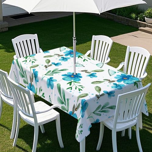ENEN Gartentischdecke für Sonnenschirm Rechteckig Tischdecken Outdoor Tischdecke mit Schirmloch und Reißverschluss Elastisch Tischdecke für Picknick Grill (Blau Grün,259x152cm) von ENEN