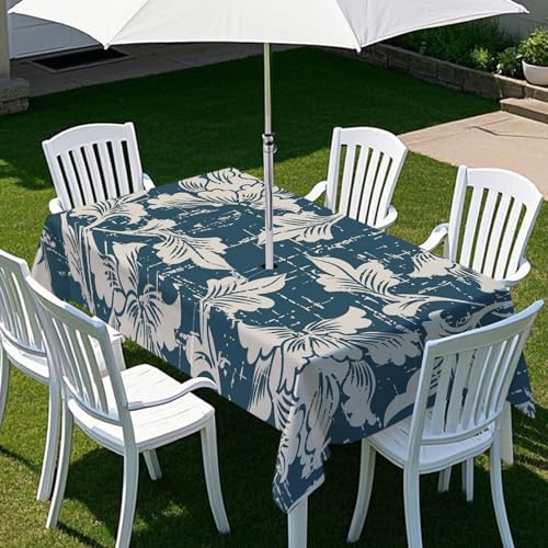 ENEN Gartentischdecke für Sonnenschirm Rechteckig Tischdecken Outdoor Tischdecke mit Schirmloch und Reißverschluss Elastisch Tischdecke für Picknick Grill (Blau Khaki,305x152cm) von ENEN