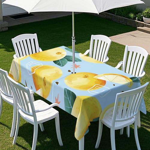 ENEN Gartentischdecke für Sonnenschirm Rechteckig Tischdecken Outdoor Tischdecke mit Schirmloch und Reißverschluss Elastisch Tischdecke für Picknick Grill (Gelbe Früchte,305x152cm) von ENEN