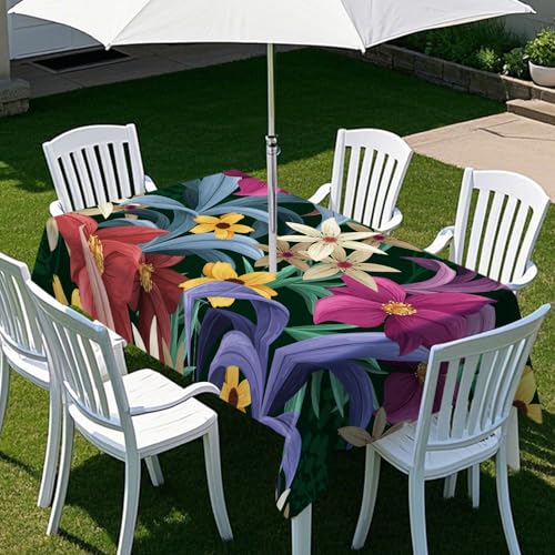 ENEN Gartentischdecke für Sonnenschirm Rechteckig Tischdecken Outdoor Tischdecke mit Schirmloch und Reißverschluss Elastisch Tischdecke für Picknick Grill (Lila Beige,259x152cm) von ENEN