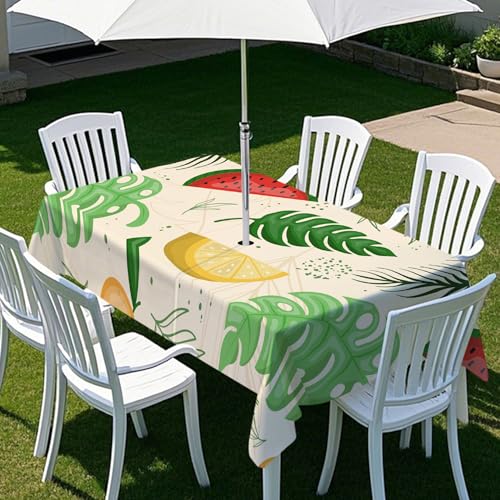 ENEN Gartentischdecke für Sonnenschirm Rechteckig Tischdecken Outdoor Tischdecke mit Schirmloch und Reißverschluss Elastisch Tischdecke für Picknick Grill (Monstera,213x152cm) von ENEN