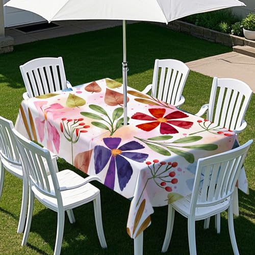 ENEN Gartentischdecke für Sonnenschirm Rechteckig Tischdecken Outdoor Tischdecke mit Schirmloch und Reißverschluss Elastisch Tischdecke für Picknick Grill (Rot Violett,259x152cm) von ENEN