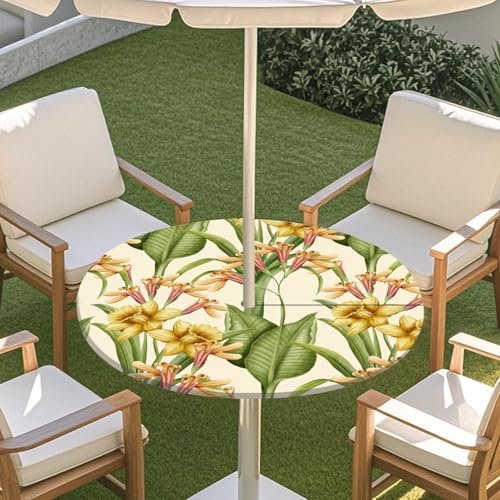 ENEN Runde Tischdecke mit Schirmloch und Reißverschluss, Outdoor Wasserdicht Elastische Tischdecke mit Druck, Wetterfest Gartentischdecke für Sonnenschirm (Beige,M:91-112) von ENEN