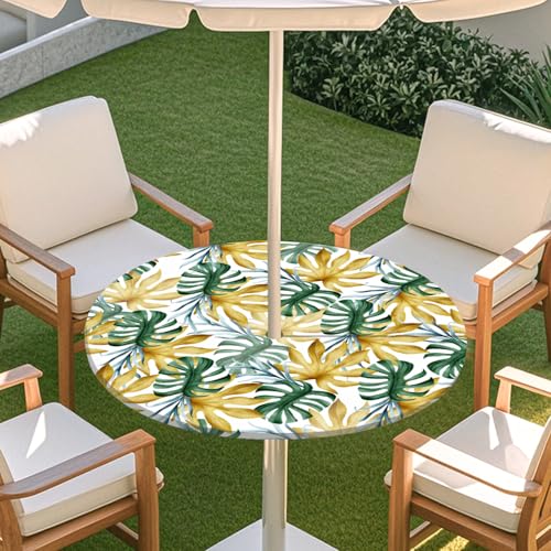 ENEN Runde Tischdecke mit Schirmloch und Reißverschluss, Outdoor Wasserdicht Elastische Tischdecke mit Druck, Wetterfest Gartentischdecke für Sonnenschirm (Gelbes Blatt,M:91-112) von ENEN