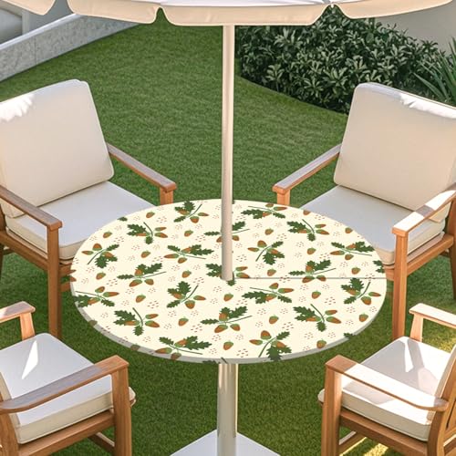 ENEN Runde Tischdecke mit Schirmloch und Reißverschluss, Outdoor Wasserdicht Elastische Tischdecke mit Druck, Wetterfest Gartentischdecke für Sonnenschirm (Kiefernzapfen,M:91-112) von ENEN