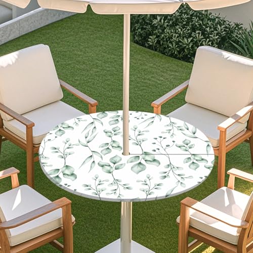 ENEN Runde Tischdecke mit Schirmloch und Reißverschluss, Outdoor Wasserdicht Elastische Tischdecke mit Druck, Wetterfest Gartentischdecke für Sonnenschirm (Nordisches Blatt,L:114-137cm) von ENEN