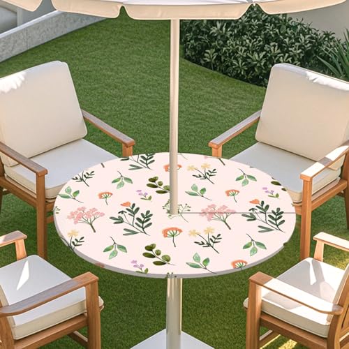 ENEN Runde Tischdecke mit Schirmloch und Reißverschluss, Outdoor Wasserdicht Elastische Tischdecke mit Druck, Wetterfest Gartentischdecke für Sonnenschirm (Rosa Grün,M:91-112) von ENEN
