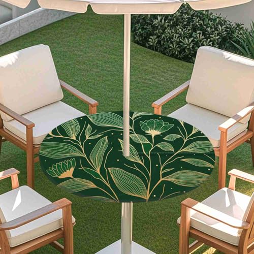 ENEN Runde Tischdecke mit Schirmloch und Reißverschluss,Outdoor Wasserdicht Elastische Tischdecke mit 3D Blatt,Wetterfest Gartentischdecke für Sonnenschirm (Lotus,L:114-137cm) von ENEN