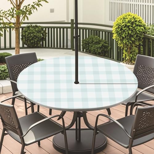 ENEN Runde Tischdecke mit Schirmloch und Reißverschluss,Outdoor Wasserdicht Elastische Tischdecke mit Schachbrettmuster,Wetterfest Gartentischdecke für Sonnenschirm (Blau,M:91-112) von ENEN