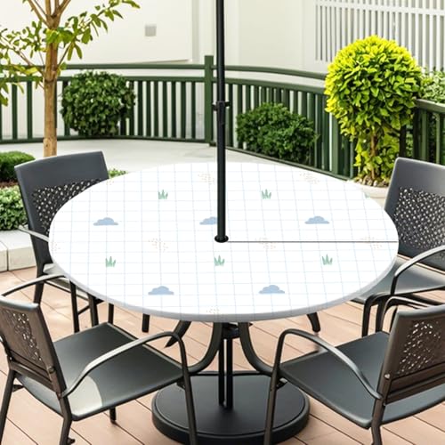 ENEN Runde Tischdecke mit Schirmloch und Reißverschluss,Outdoor Wasserdicht Elastische Tischdecke mit Schachbrettmuster,Wetterfest Gartentischdecke für Sonnenschirm (Gras,M:91-112) von ENEN