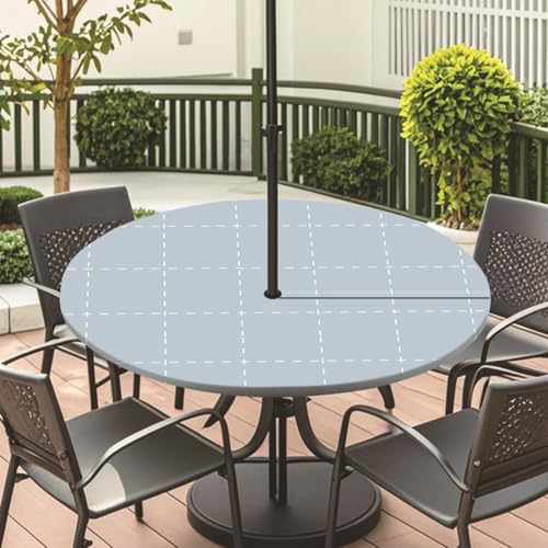 ENEN Runde Tischdecke mit Schirmloch und Reißverschluss,Outdoor Wasserdicht Elastische Tischdecke mit Schachbrettmuster,Wetterfest Gartentischdecke für Sonnenschirm (Grau,S:79-89cm) von ENEN