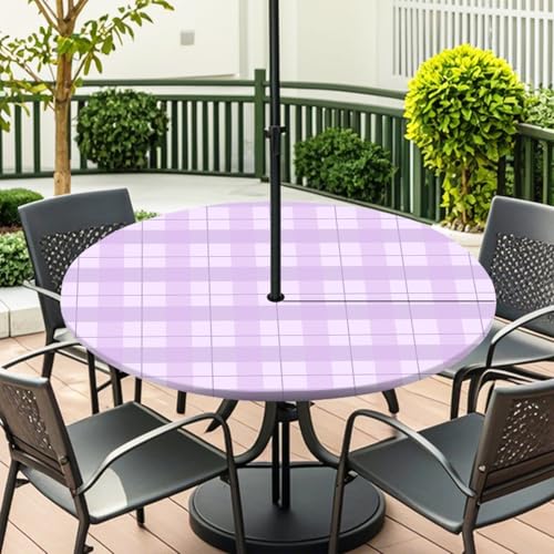 ENEN Runde Tischdecke mit Schirmloch und Reißverschluss,Outdoor Wasserdicht Elastische Tischdecke mit Schachbrettmuster,Wetterfest Gartentischdecke für Sonnenschirm (Lila,S:79-89cm) von ENEN
