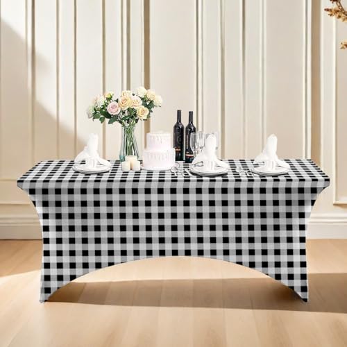 ENEN Stretch Elasthan Tischdecke Rechteckige, Modern Schlicht Tischdecke Waschbare und Knitterfreie für Klapptisch, Hochzeit, Geburtstags, Party, Cocktail, Bankett (Schwarz kariert,4ft/122x76x76cm) von ENEN