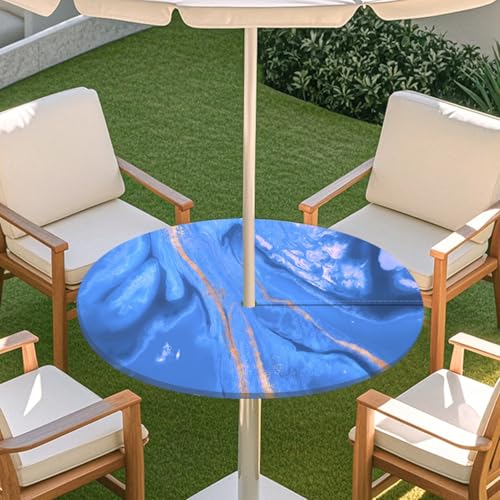 ENEN Tischdecke mit Schirmloch und Reißverschluss, 3D Marmor Wasserdicht Taillierte Elastische Tischdecke, Runde Gartentischdecke für Sonnenschirm & Innenhof (Marmor 01,S:31''-35'') von ENEN