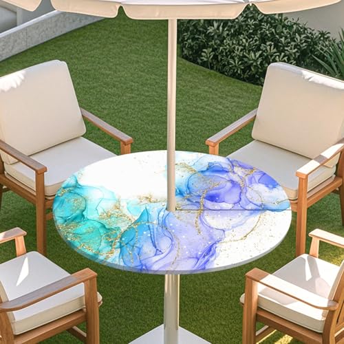 ENEN Tischdecke mit Schirmloch und Reißverschluss, 3D Marmor Wasserdicht Taillierte Elastische Tischdecke, Runde Gartentischdecke für Sonnenschirm & Innenhof (Marmor 011,L:45''-54'') von ENEN