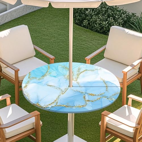 ENEN Tischdecke mit Schirmloch und Reißverschluss, 3D Marmor Wasserdicht Taillierte Elastische Tischdecke, Runde Gartentischdecke für Sonnenschirm & Innenhof (Marmor 012,M:36''-44'') von ENEN