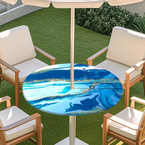 ENEN Tischdecke mit Schirmloch und Reißverschluss, 3D Marmor Wasserdicht Taillierte Elastische Tischdecke, Runde Gartentischdecke für Sonnenschirm & Innenhof (Marmor 013,S:31''-35'') von ENEN